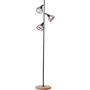 Schwarze Brilliant Stehleuchte Avia mit Holzfuß und drei Lampenschirmen im Drahtdesign.