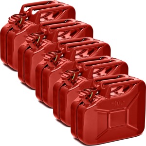 Fünf rote 10L Metall Kraftstoffkanister, Benzinkanister für Pannenhilfe.