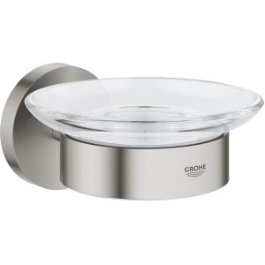 Grohe Essentials Seifenschale mit Halter in Supersteel: Wandmontage, Metall/Glas, modernes Bad-Accessoire.
