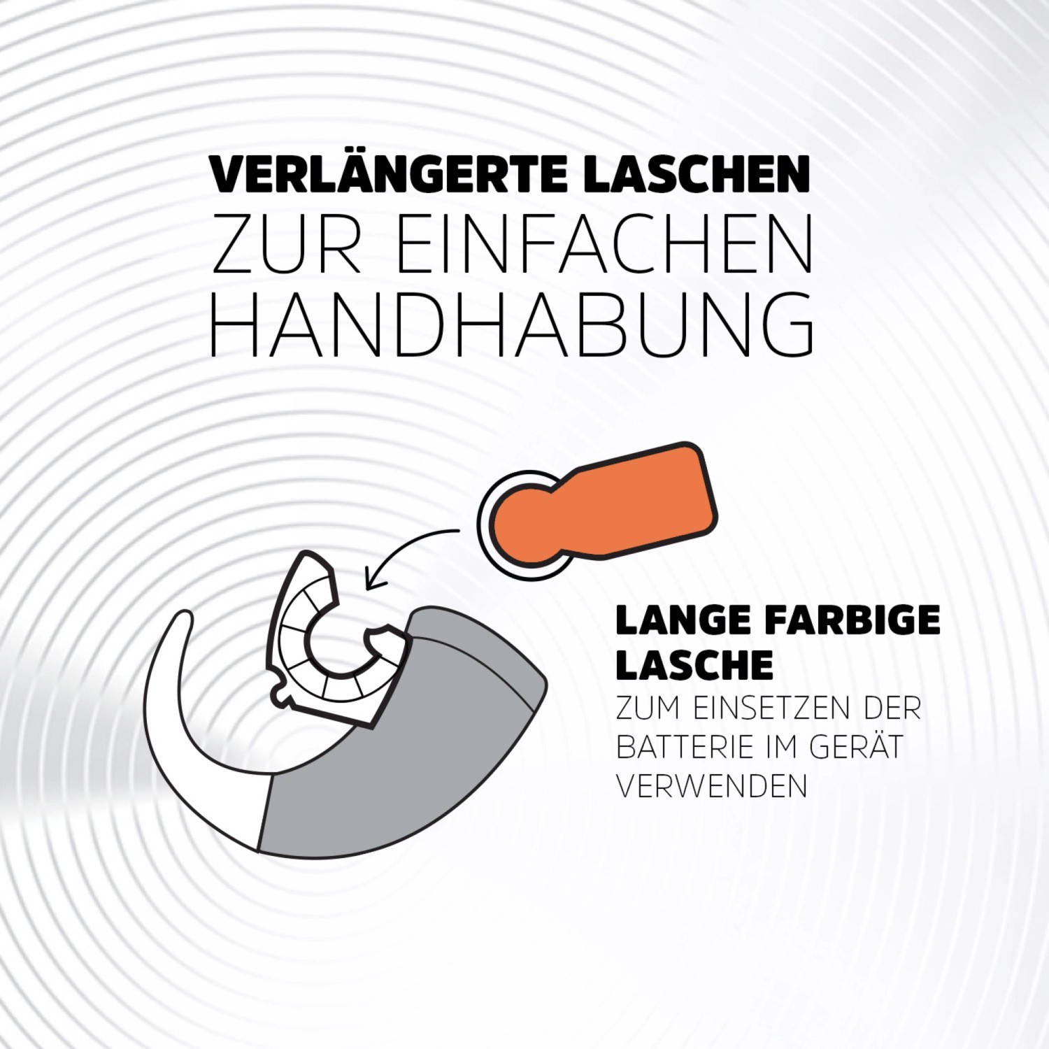 Illustration: Einsetzen der Energizer Hörgerätebatterie Größe 13 mit verlängerter Lasche in ein Hörgerät.