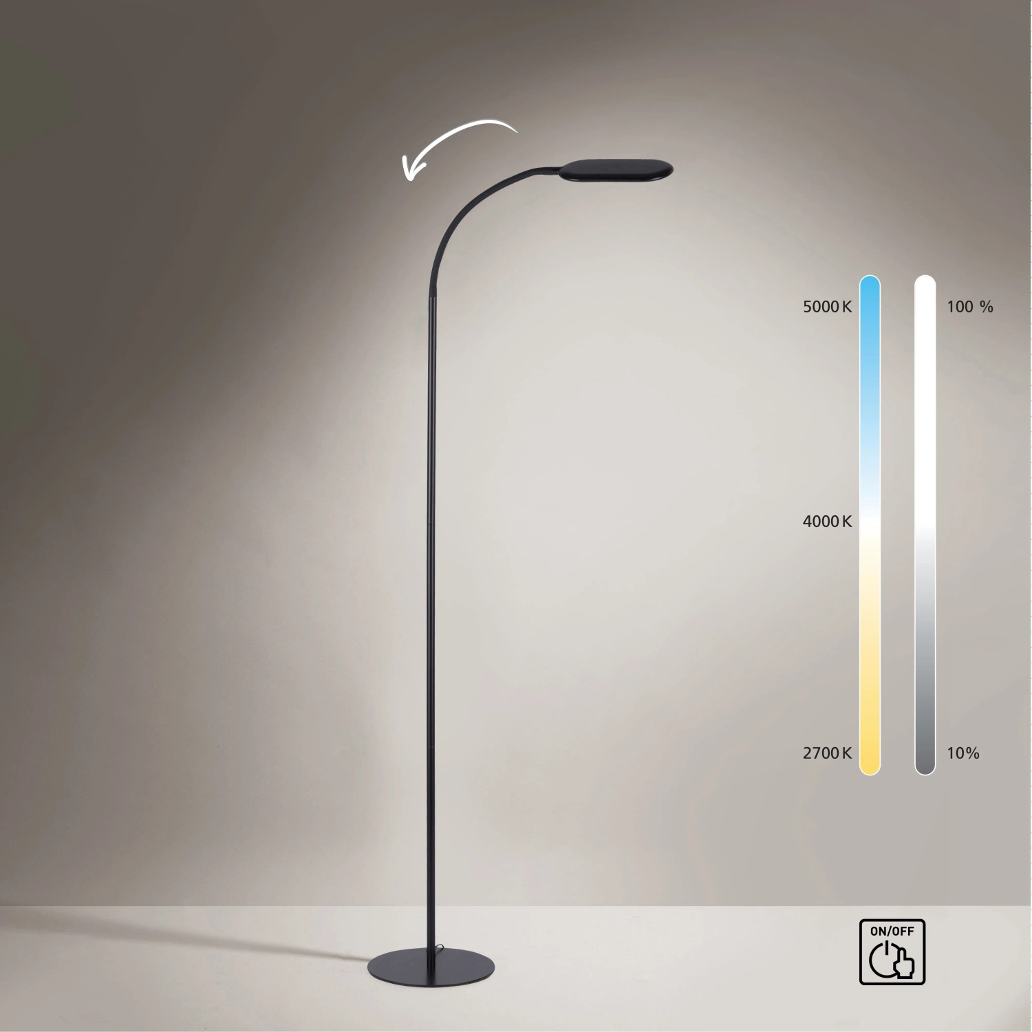 Schwarze LED Stehleuchte Kelly, dimmbar und höhenverstellbar, ideal als Leselampe.