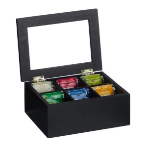 Relaxdays Teebox Bambus Acryl Schwarz Staubgeschützt 9 cm x 21,5 cm x 16 cm 0,7 kg