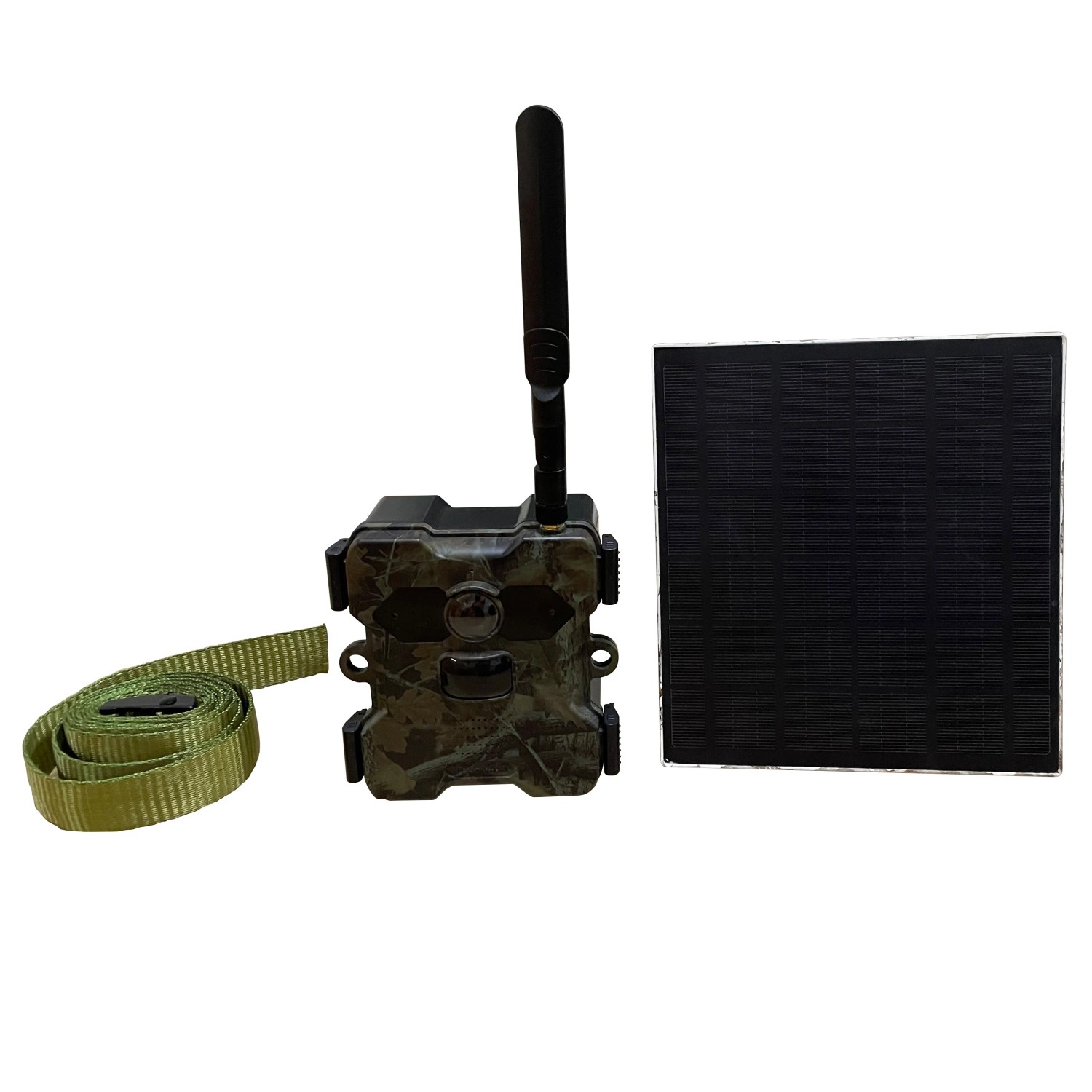 Technaxx Wildtierkamera TX-189 4G mit Solarpanel, Tarnmuster, Antenne und Befestigungsband.