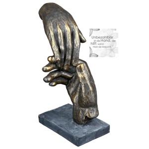 Gilde Skulptur Two Hands aus bronzefarbenem Kunstharz mit grauem Akzent auf dunklem Sockel. Dekorative Figur, 21x13 cm.