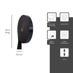 Schwarzes Dalsys Abdeckband, 30m x 45mm, 3mm dick. Selbstklebendes Trennwandband, wasserdicht, schallreduzierend für Trockenbau.