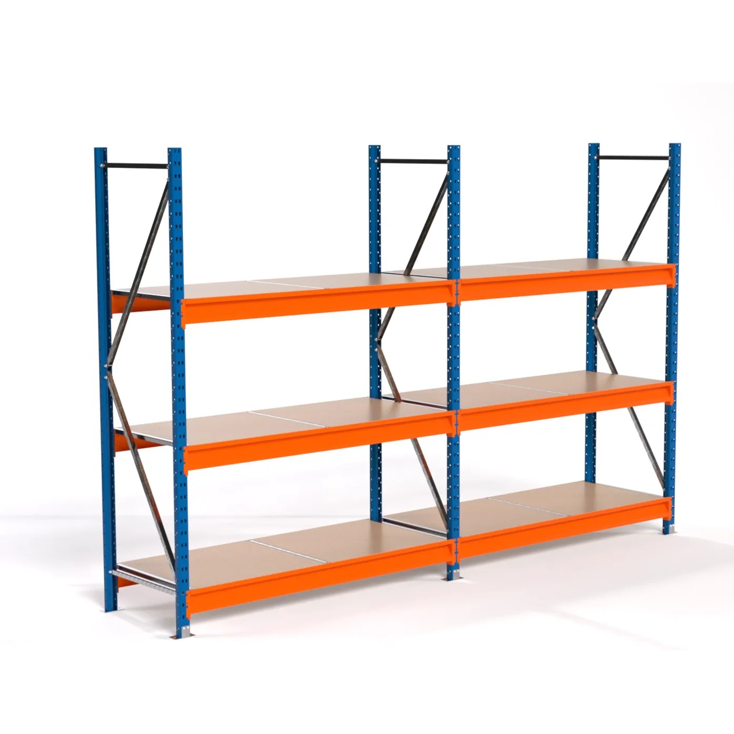 PROREGAL Industrie Weitspannregal Lagerregal MAXIMUS PRO Komplettregal 2 Felder HxBxT 200x300x60cm 3 Spanplatten-Fachboden Fachlast 850kg Blau/Orange
