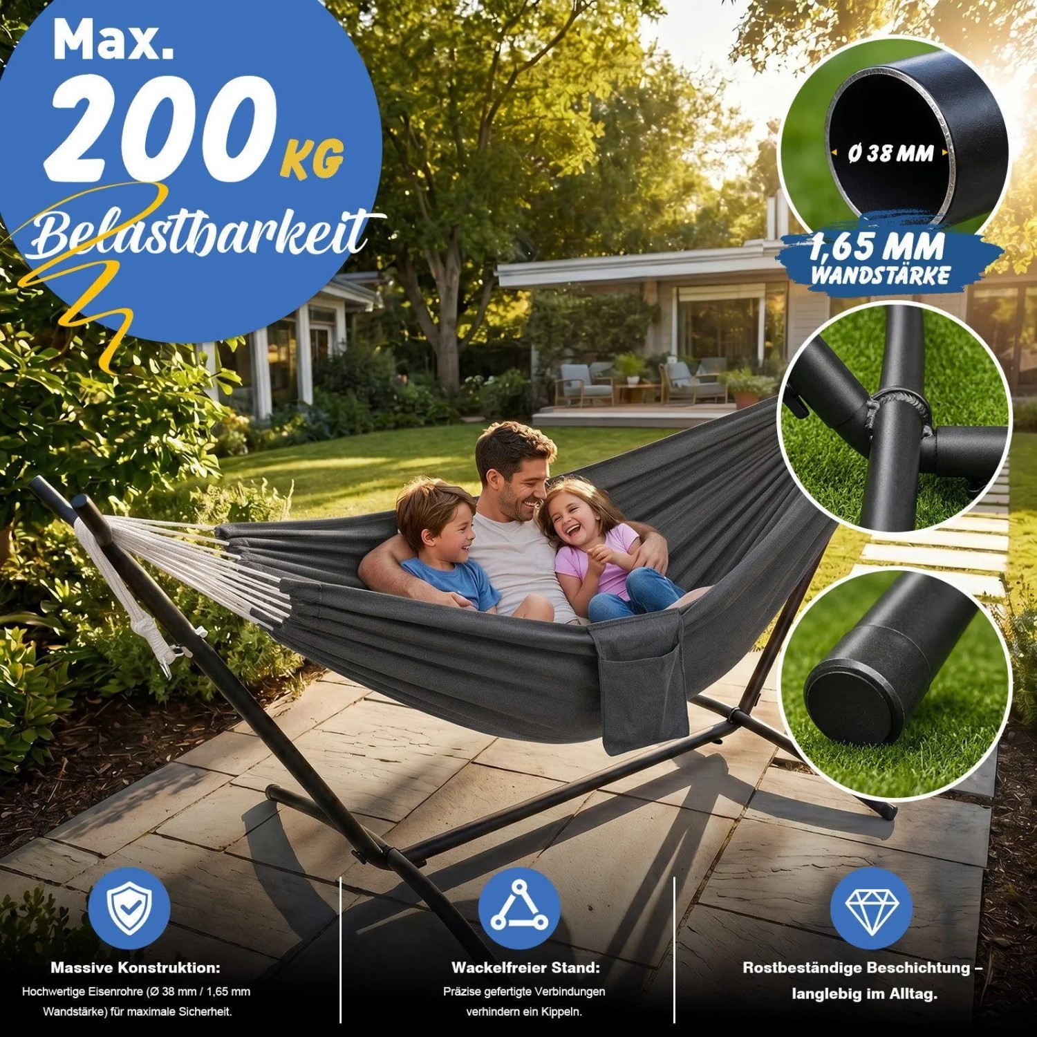 Sekey Hängematte Hängemattengestell Doppelhängematte Höhenverstellbar bis 200 kg Belastbar mit Tragetasche für Garten Balkon Terrasse Outdoor Grau_2