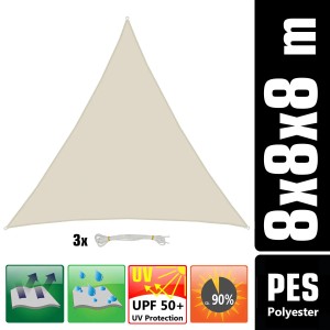 Beiges, wasserdichtes AMANKA Sonnensegel Dreieck 8x8x8m aus Polyester mit UV-Schutz.