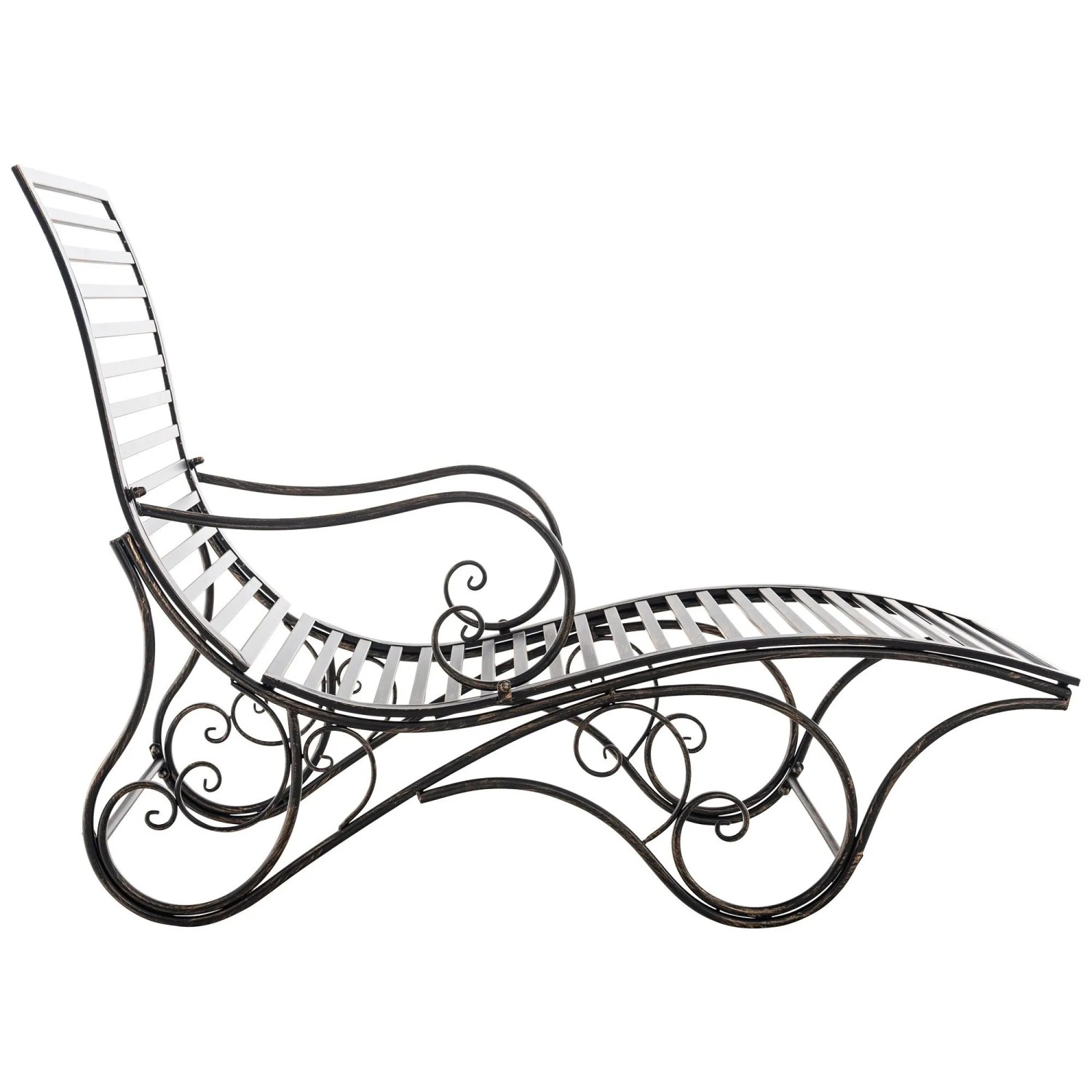 Elegante Gartenliege Amiens aus bronzefarbenem Metall mit geschwungenen Verzierungen und hellen Latten. Antik-Look Sonnenliege.