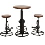 Braunes Bartisch-Set: 1 Tisch, 2 Hocker im Industrie-Design mit Metallgestell und Holzplatte.