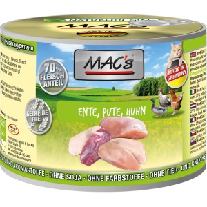 Mac's Katzen-Nassfutter Ente, Pute, Huhn, 200g Dose. Getreidefreies Alleinfutter mit hohem Fleischanteil.