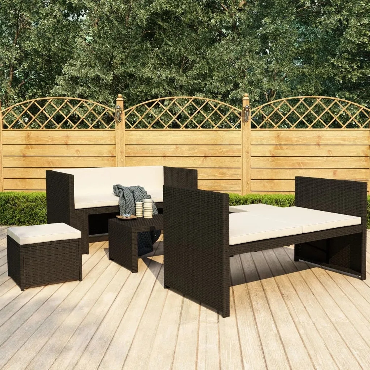 Schwarzes 5-tlg. vidaXL Garten-Lounge-Set aus Rattan mit Auflagen und Tisch für den Garten.