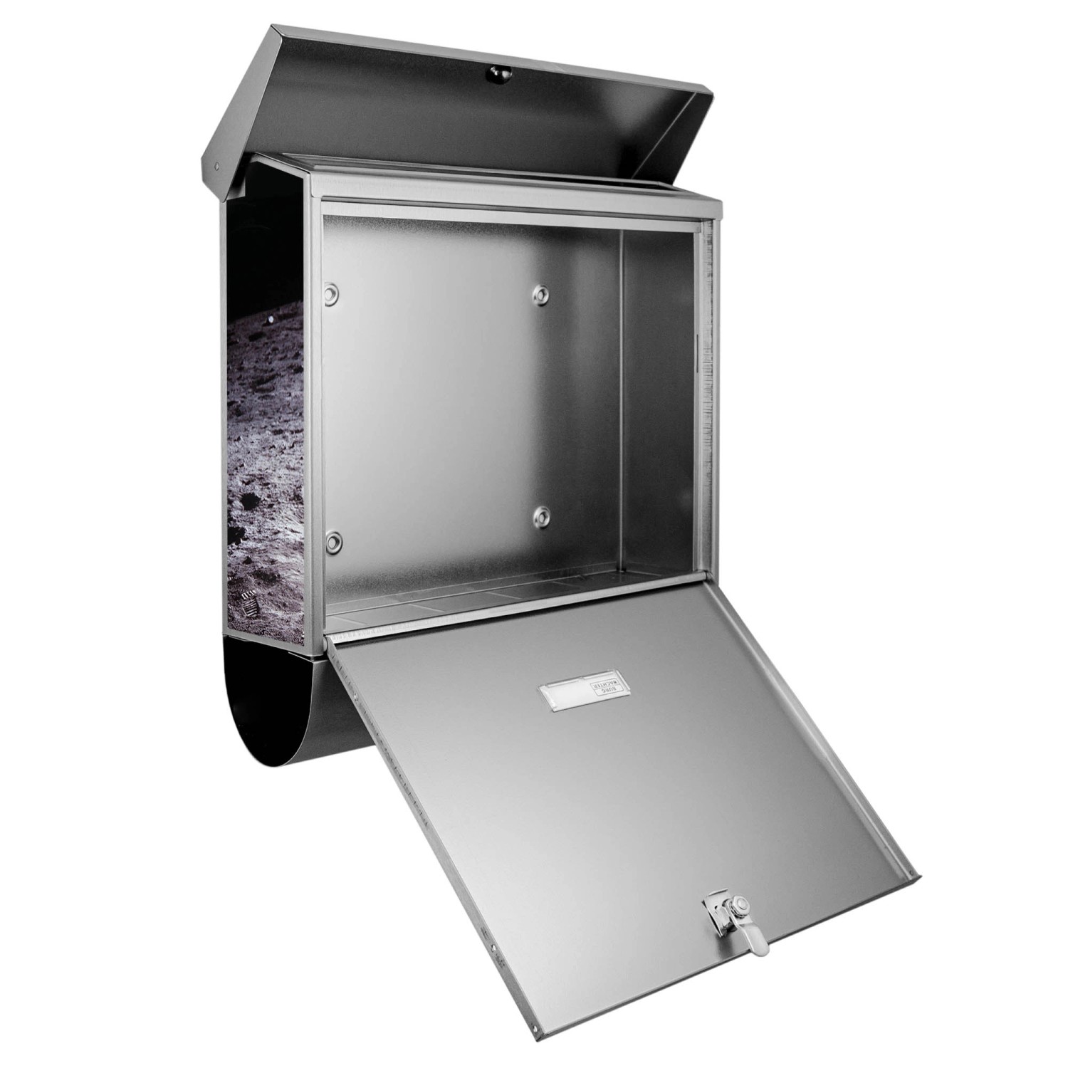 Offener Banjado Briefkasten aus Edelstahl mit Astronauten-Motiv und Zeitungsfach.