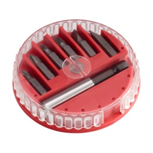 Bitbox, 7-teilig, sortiert: Schrauber-Bitset mit Schlitz, Kreuzschlitz und Bithalter im roten Gehäuse.