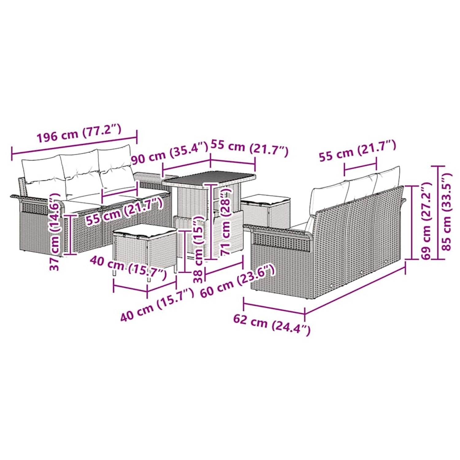 vidaXL Gartenmöbel Set, 9-teilig, beige Poly Rattan, mit Sofa, Sesseln, Hockern und Tisch, Maße siehe Grafik.