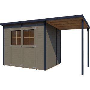 Bertilo Gerätehaus Castano 3 Plus, beige, mit Anbau. Weekendhaus aus Holz mit Doppeltür und Fenster.