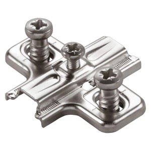 Salice Kreuzmontageplatte Serie 200 aus mattem Nickel mit Langloch und vormontierten Euroschrauben.