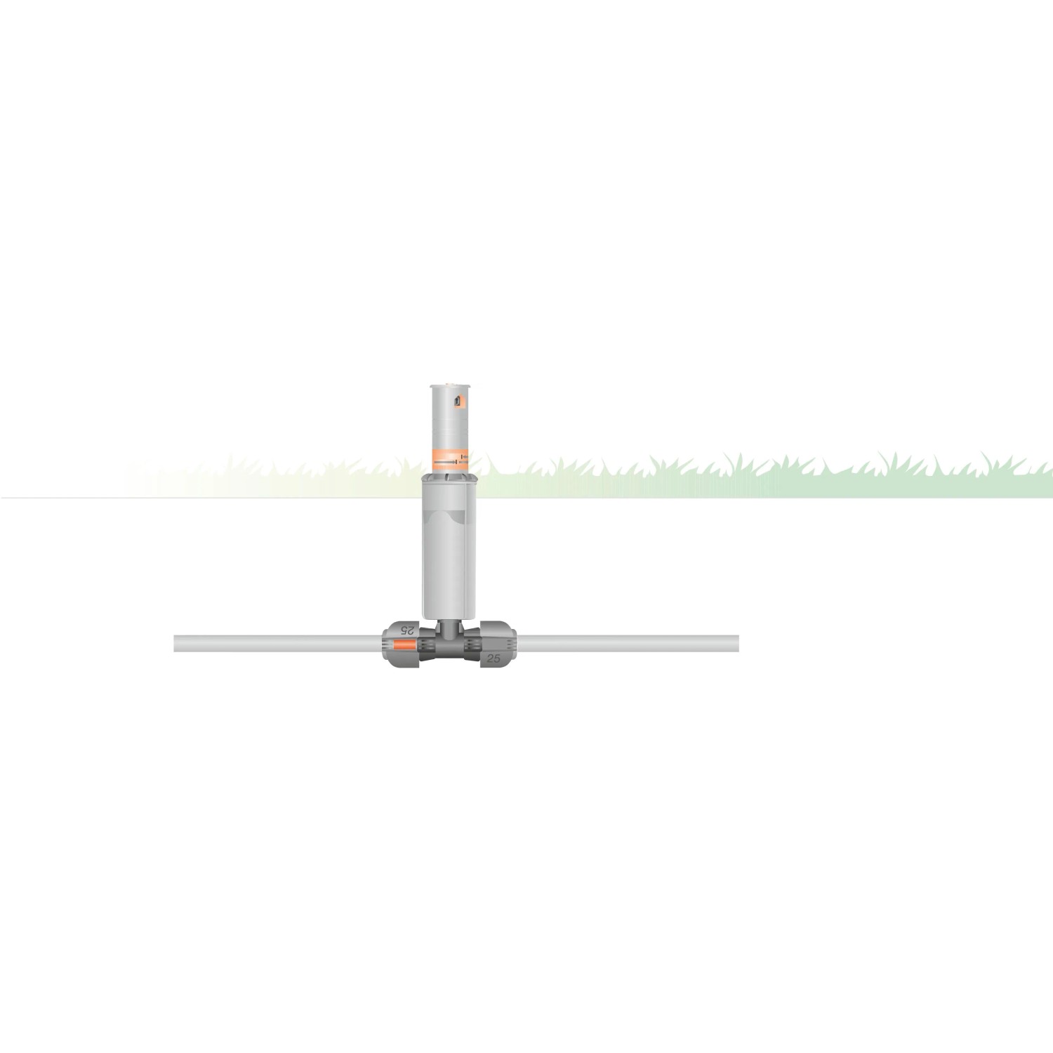 Gardena T-Stück mit Versenkregner im Sprinkler-System für Gartenbewässerung.