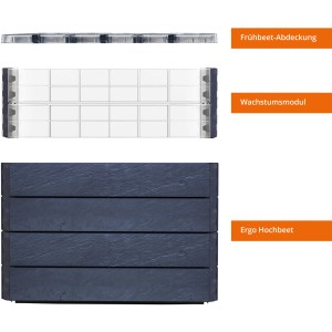 Garantia Hochbeet-System Turbo Plus L Ergo Quadro Stone, Kunststoff-Hochbeet mit Frühbeetabdeckung und Wachstumsmodul.