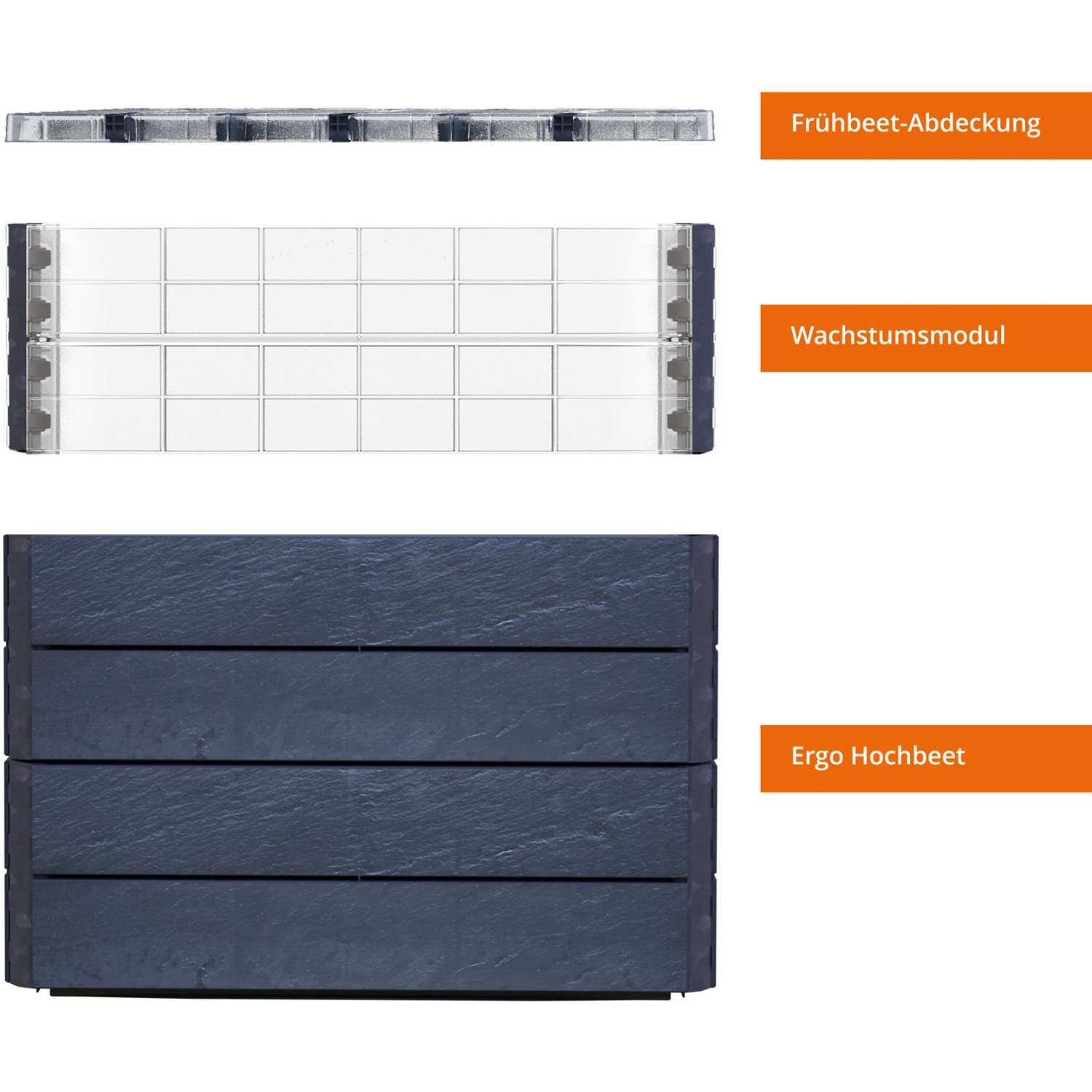 Garantia Hochbeet-System Turbo Plus L Ergo Quadro Stone, Kunststoff-Hochbeet mit Frühbeetabdeckung und Wachstumsmodul.