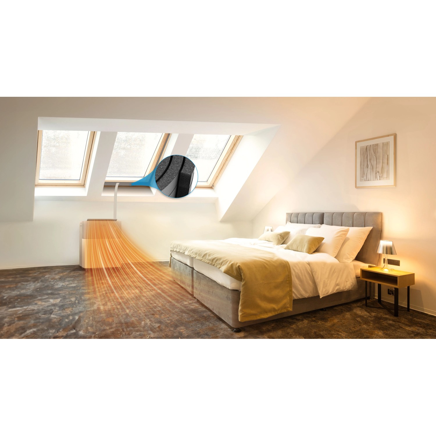 Midea Fensterabdichtung für PortaSplit Klimaanlage in Weiß im Schlafzimmer mit Dachfenster.