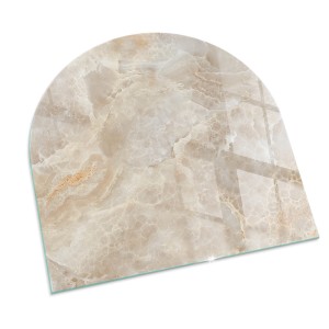 Beige Tulup Glasplatte Halbkreis 100x100 cm mit Steinmuster. Bodenschutz & Funkenschutz für Kamin.