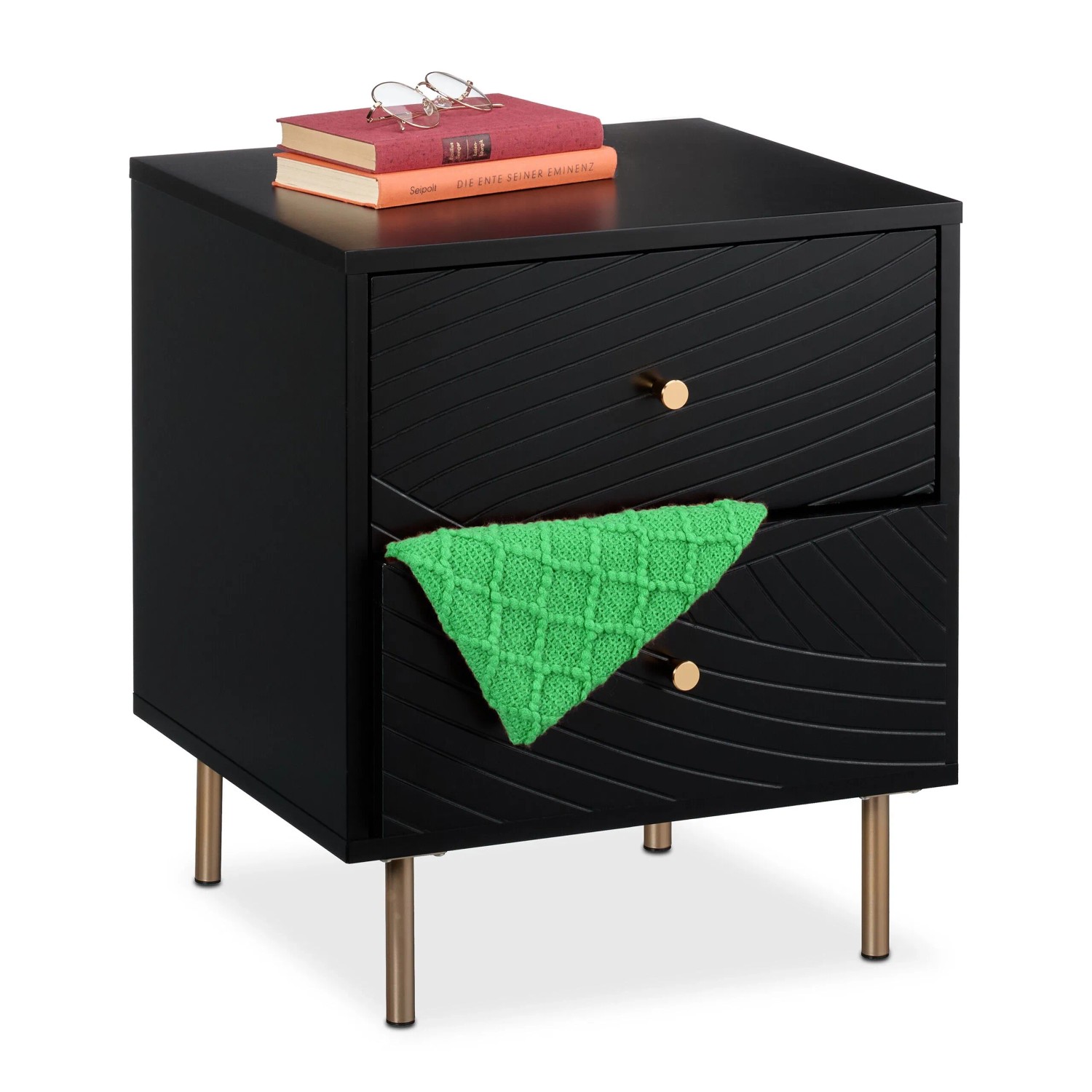 Relaxdays Nachttisch MDF Spanplatte Eisen Schwarz Gold mit 2 Schubladen mit Ablage 52 cm x 45 cm x 40 cm 12.5 kg