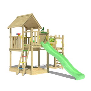 Jungle Gym Spielturm Lookout mit Wackelbrücke, Kletterrampe und hellgrüner Rutsche.