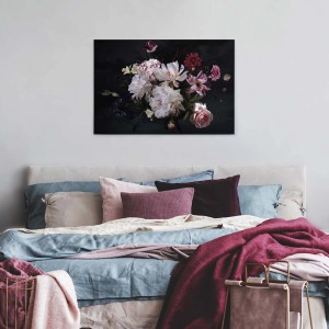 Leinwandbild mit Rosen und Hortensien in Schwarz-Weiß, nostalgisches Stillleben für Wohn- und Schlafzimmer.