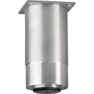 Runder Aluminium Möbelfuß, matt geschliffen, Ø 60 mm, 120 mm lang, höhenverstellbar mit schwarzem Kunststoff-Stopfen.
