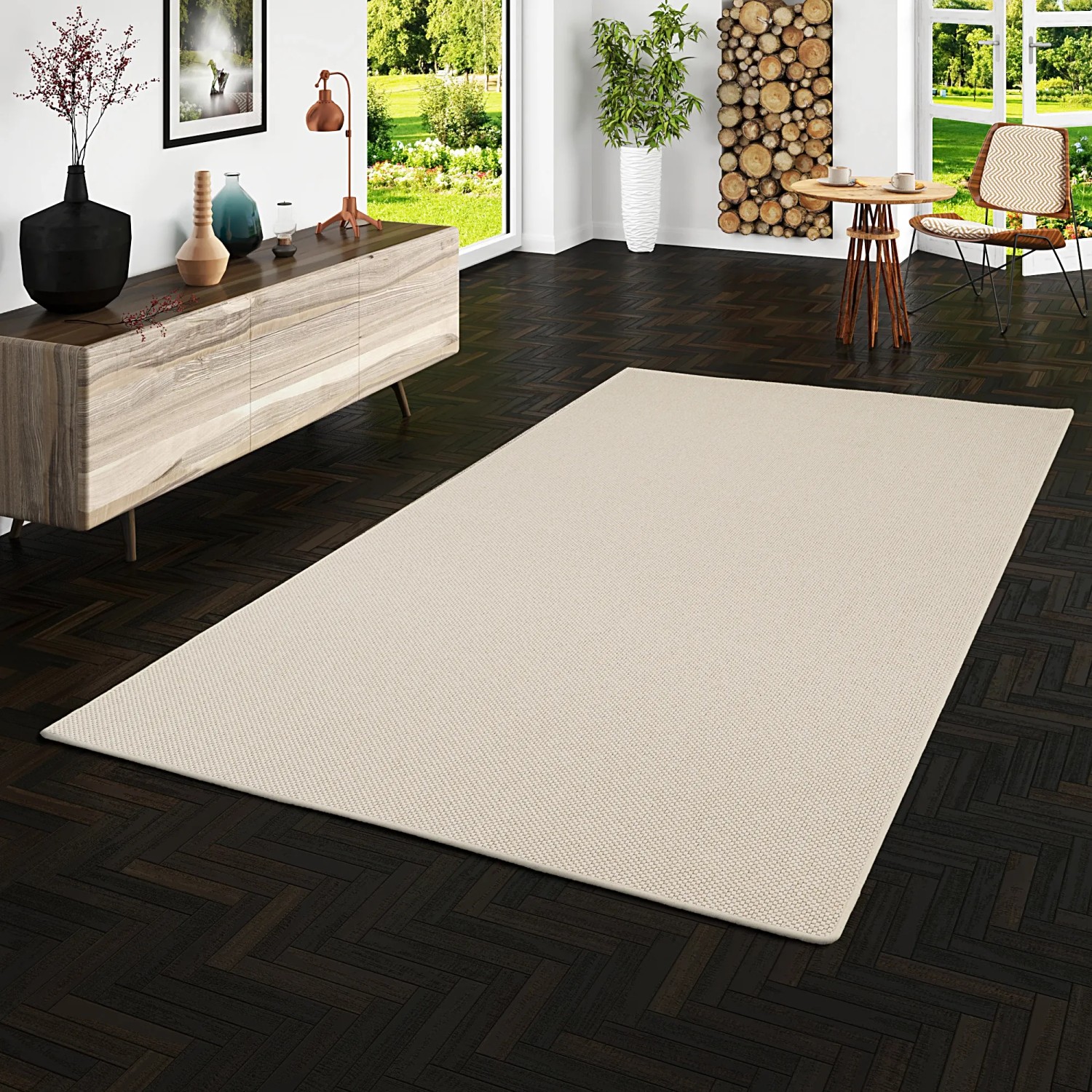 Rechteckiger, sandfarbener Snapstyle Teppich Bentzon aus Flachgewebe, 160x160 cm.