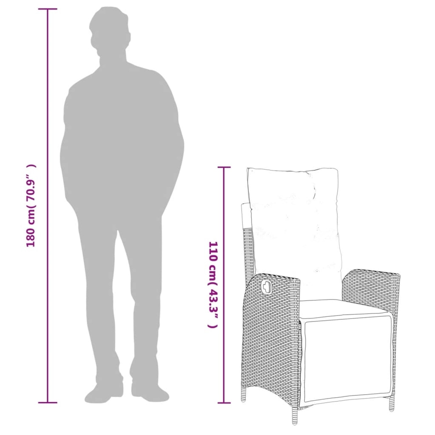 vidaXL Garten-Essgruppe, 9-teilig, schwarzes Poly Rattan mit Kissen, Maße dargestellt.