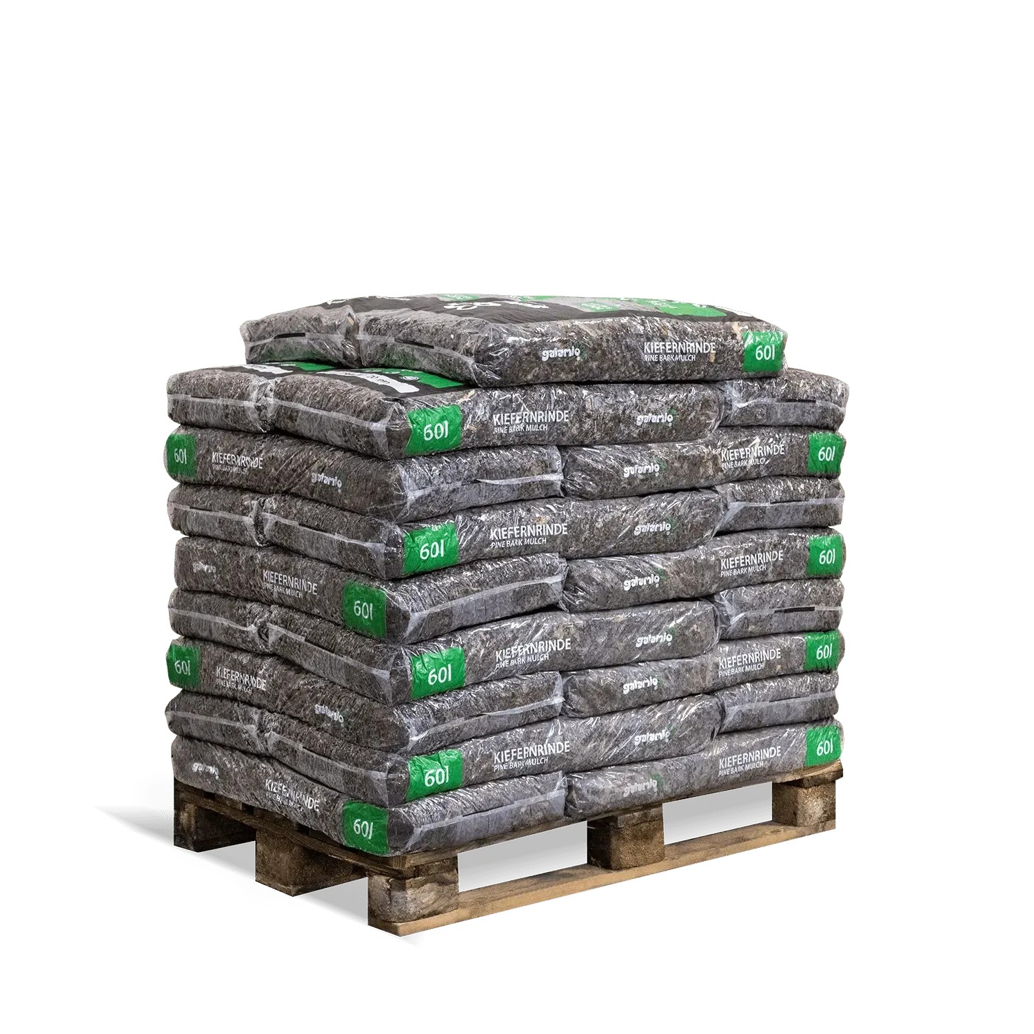 Palette mit 26 Säcken Galamio Kiefernrinde Fein, 60l Säcke, Rindenmulch.