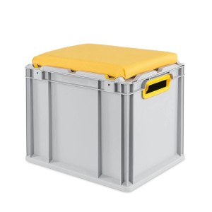 Graue Eurobox Sitzbox mit gelbem Sitzkissen, 30 Liter, offene Griffe. Aufbewahrungsbox für Industrie und Gewerbe.