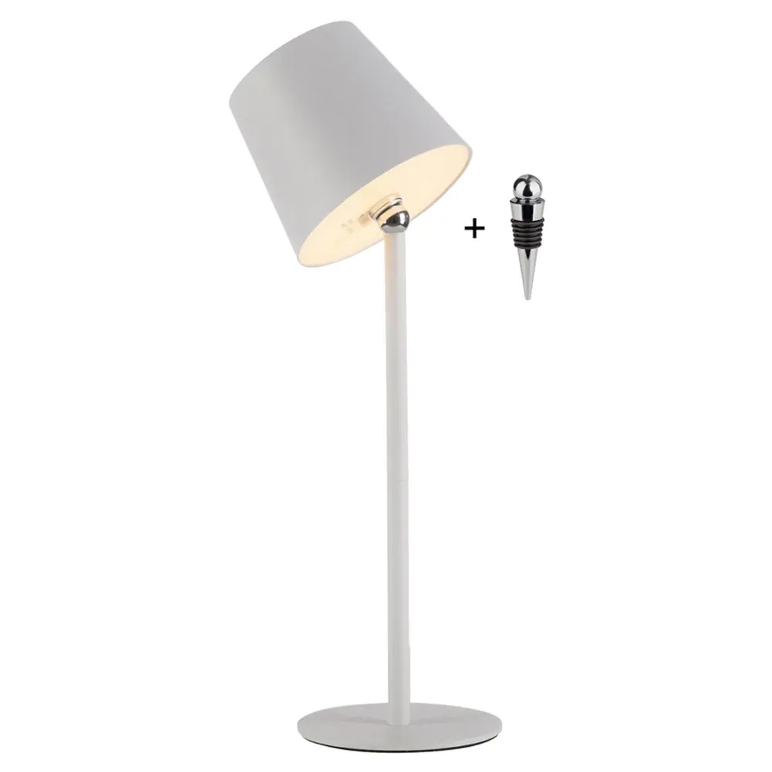 Weiße Just Light Akku-LED-Tischleuchte Boteria mit Flaschenaufsatz, Ø 11 cm, 37 cm hoch.