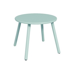 Runder Gartenbeistelltisch Mirmande aus mandelgrünem Metall, 60 cm Durchmesser. Kompakt und klassisch für den Außenbereich.