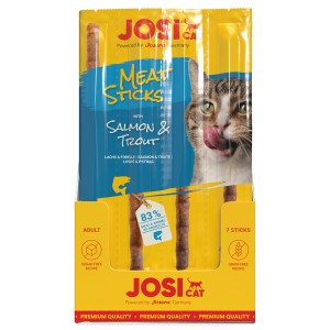 JosiCat Katzensnacks Lachs & Forelle, 35g Packung mit Katzen-Kaustangen.