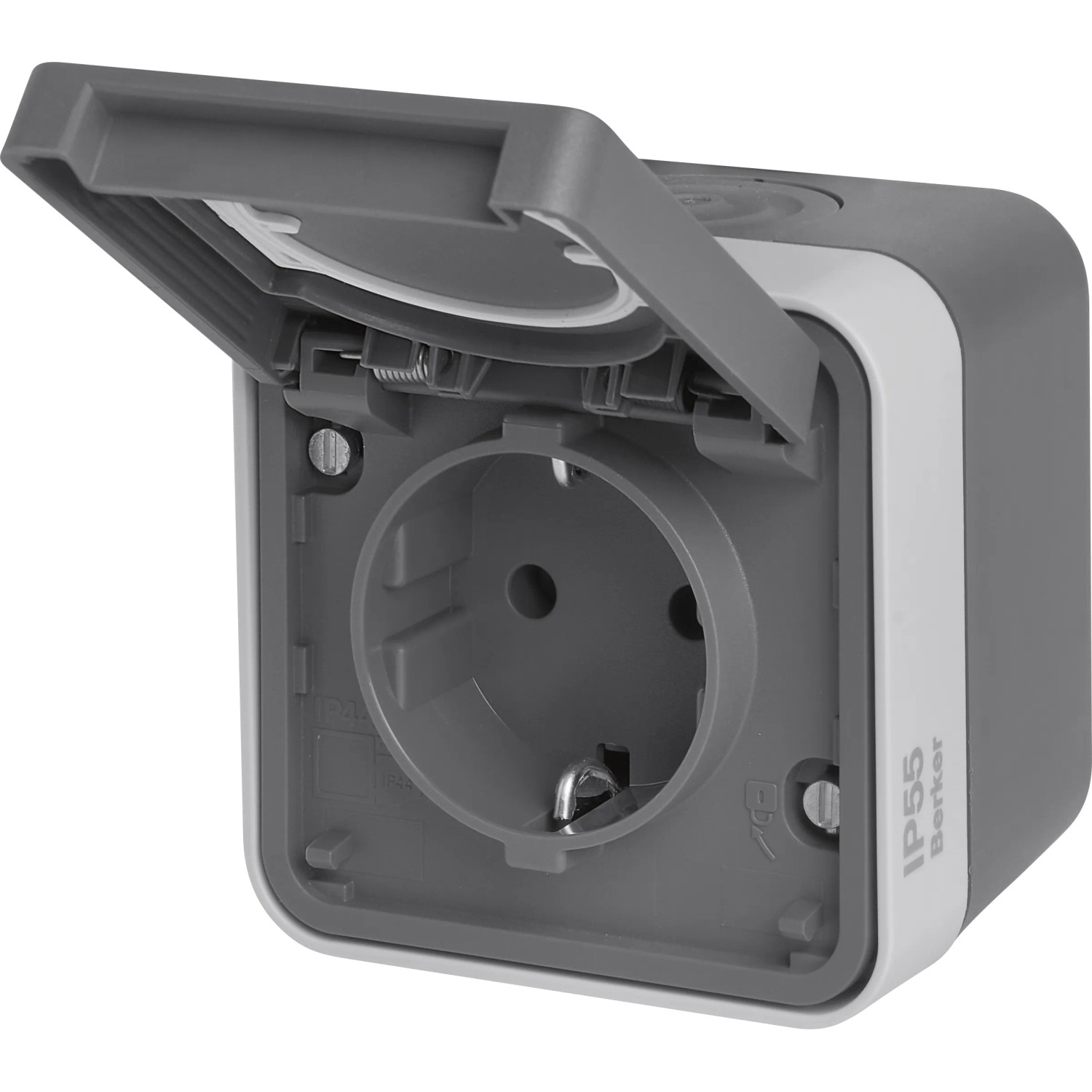 Berker w.1 Aufputzsteckdose IP55 grau mit geöffnetem Klappdeckel für den Außenbereich.