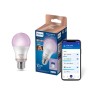 Philips WIZ E27 LED Lampe in Glühlampenform mit farbigem Licht, App-Steuerung und Verpackung.