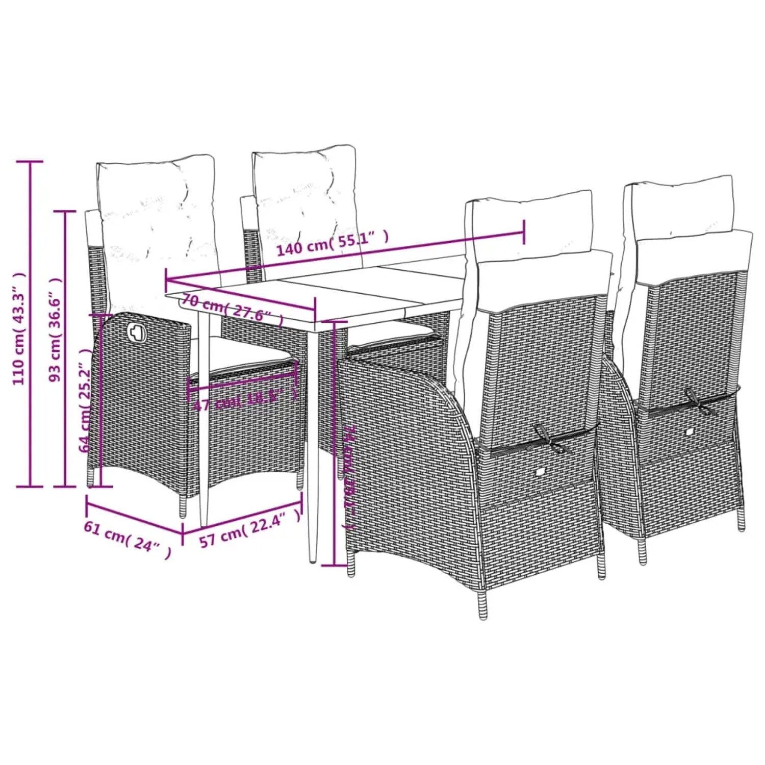 Graue 5-tlg. vidaXL Garten-Essgruppe aus Polyrattan mit Tisch und Stühlen mit Kissen.