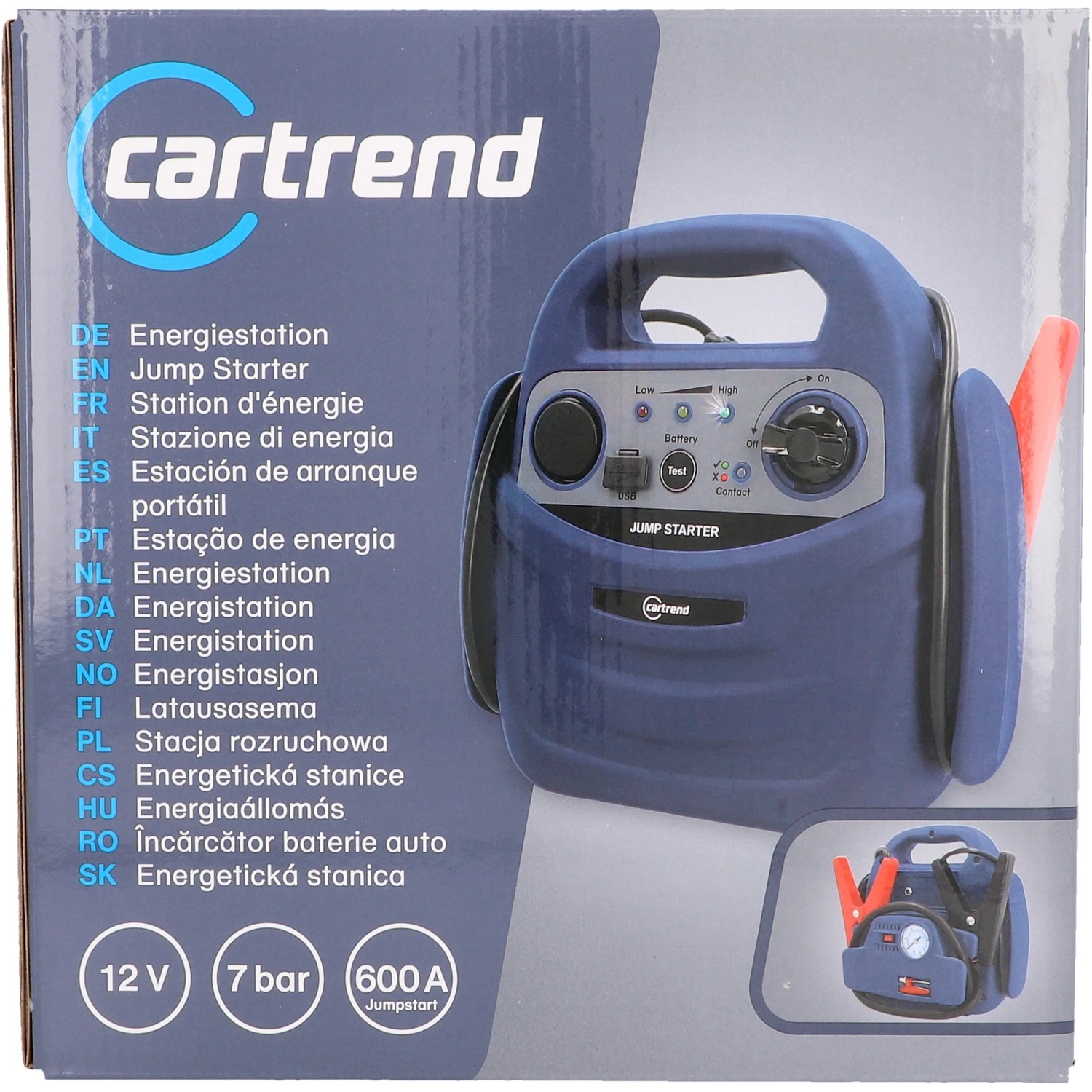 Cartrend Energiestation 12V, 7 Bar, 600A für Autoelektrik, Starthilfe und Kompressor in Blau.