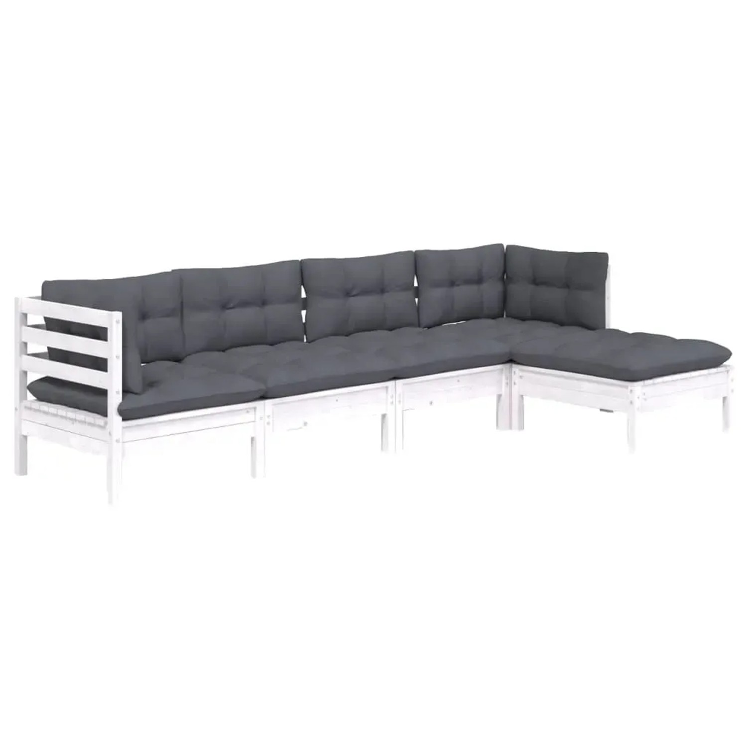 Weißes 5-tlg. Garten Lounge Set aus Kiefernholz mit anthrazitfarbenen Kissen.