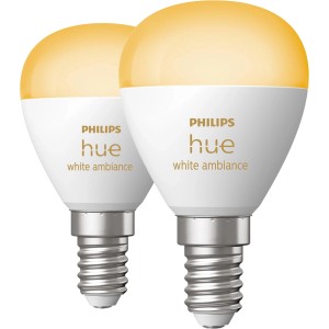 2er-Pack Philips Hue E14 LED-Lampen in Tropfenform mit warmweißem bis kaltweißem Licht.
