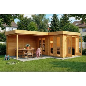 Carlsson Gartenhaus Quinta mit Flachdach und überdachter Terrasse, 680x467 cm.