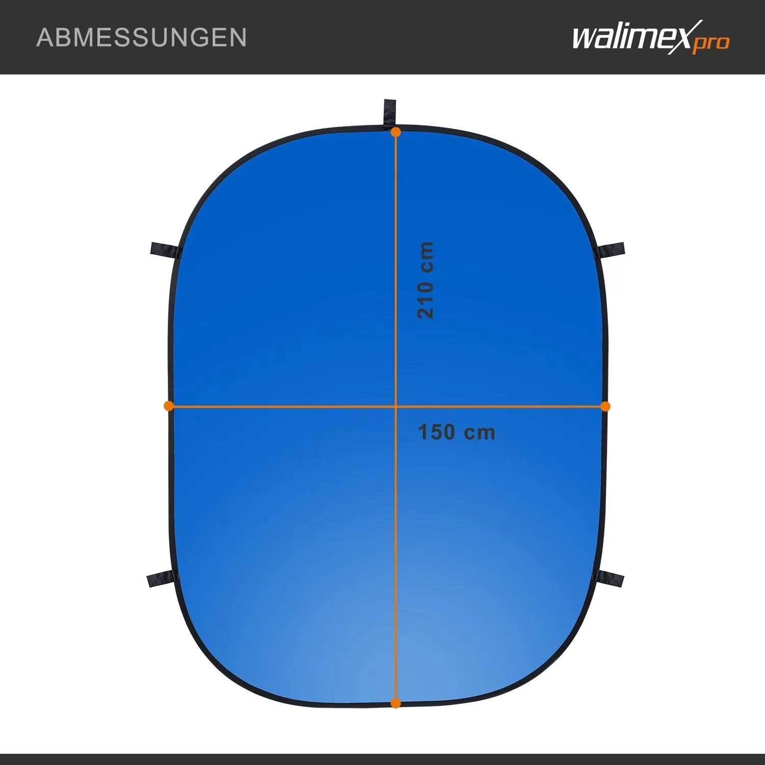 Walimex Pro Falthintergrund 150x210cm. Darstellung der Maße: blauer Studio Fotohintergrund, 150 cm breit, 210 cm hoch.
