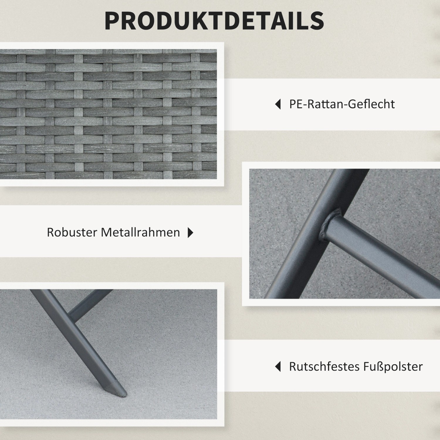 Detailansicht Outsunny Bistroset: Polyrattan-Geflecht, Metallrahmen und Fußpolster.