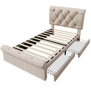 Beiges Polsterbett 90x200cm mit gestepptem Kopfteil, 2 ausziehbaren Schubladen und Lattenrost. Ohne Matratze.