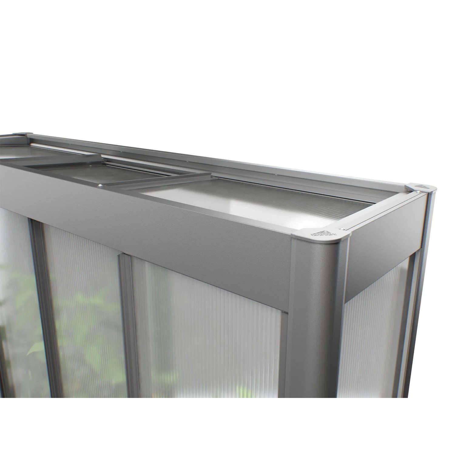 Detailaufnahme des Biohort Florentina Gewächshausaufsatzes in Quarzgrau-Metallic.