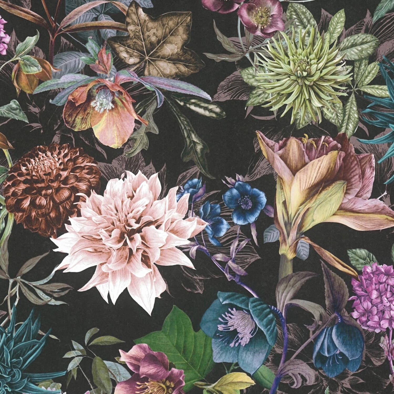 PROFHOME 381757-GU Blumen Tapete Floral Matt Schwarz Rosa Türkis oliv 0,53 günstig online kaufen