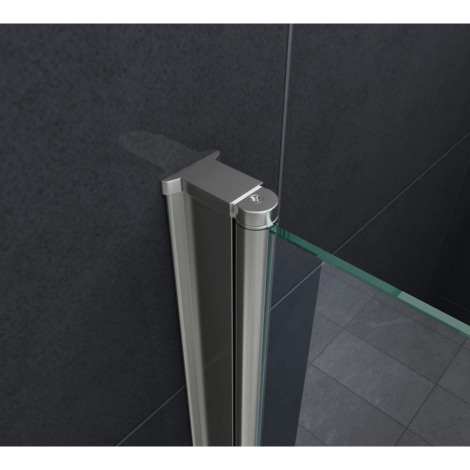 Detailaufnahme: Glasdeals Duschkabine CLAP, Pendeltür mit Chrombeschlägen.